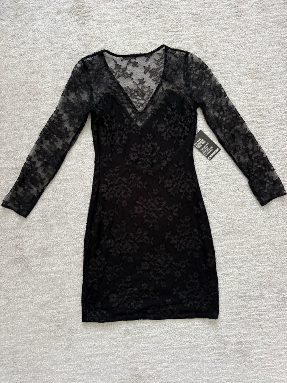 NWT Express Black Floral Lace Long-Sleeve Slip Dress Size 2